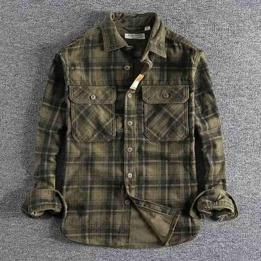 Cross-border American clicker retro spring and fall men's classic plaid long-sleeved shirt washed corduroy comfortable literary tide m0