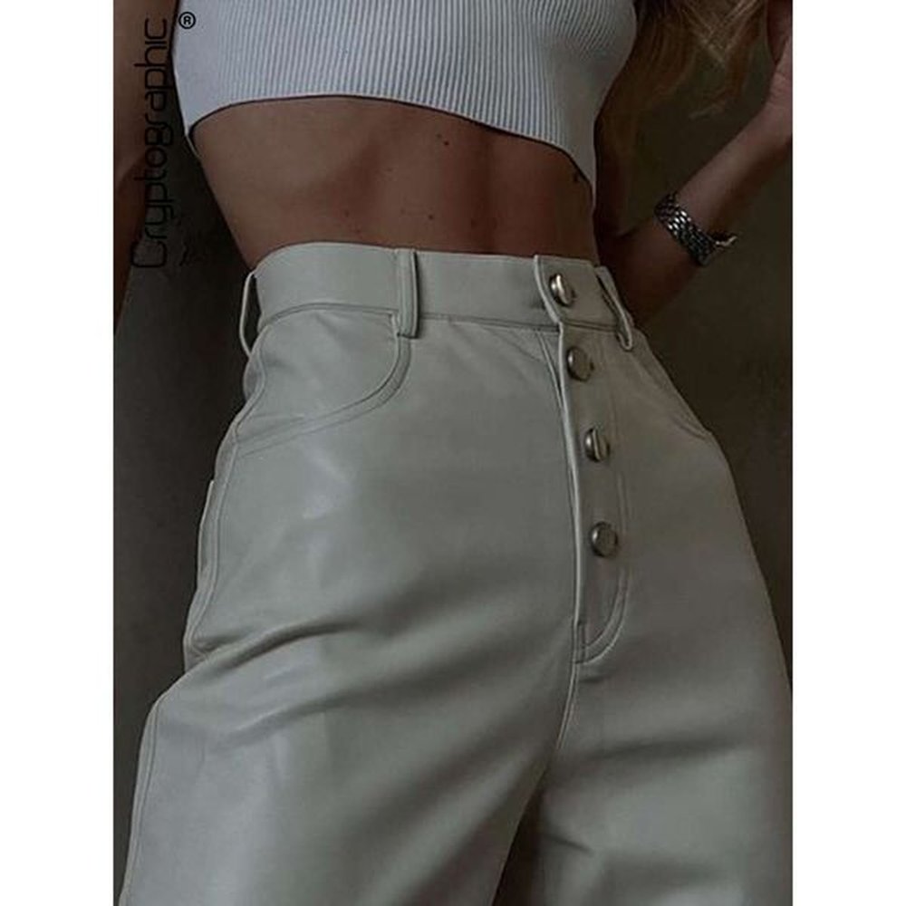 cryptographic fashion white pu leather high rise streetwear casual button