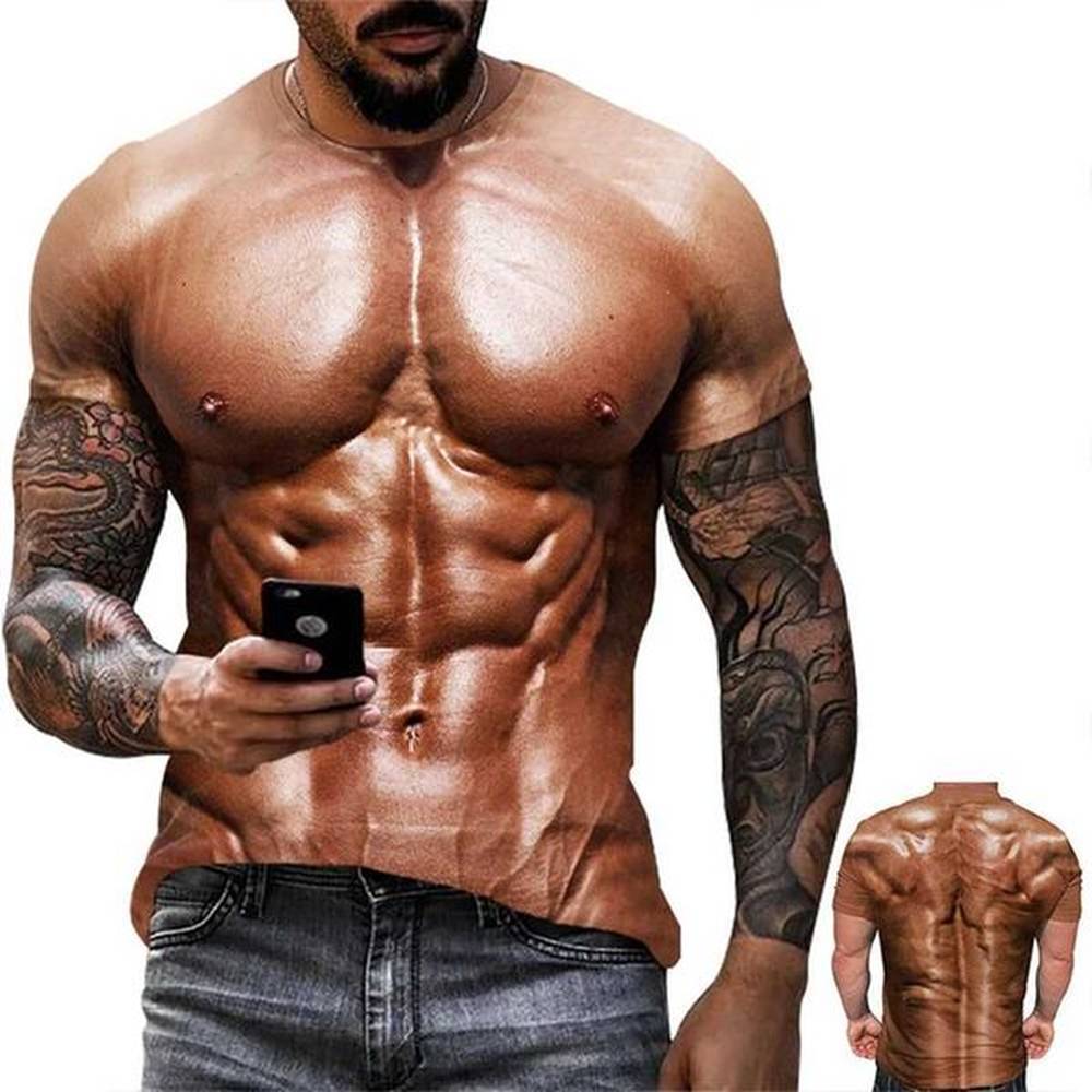 3D Digital Muscular Male Body Pattern Crew Neck And Short Sleeve T-shirt Novel And Stylish Summer Tops For Outdoors Casual TopsXJ250211