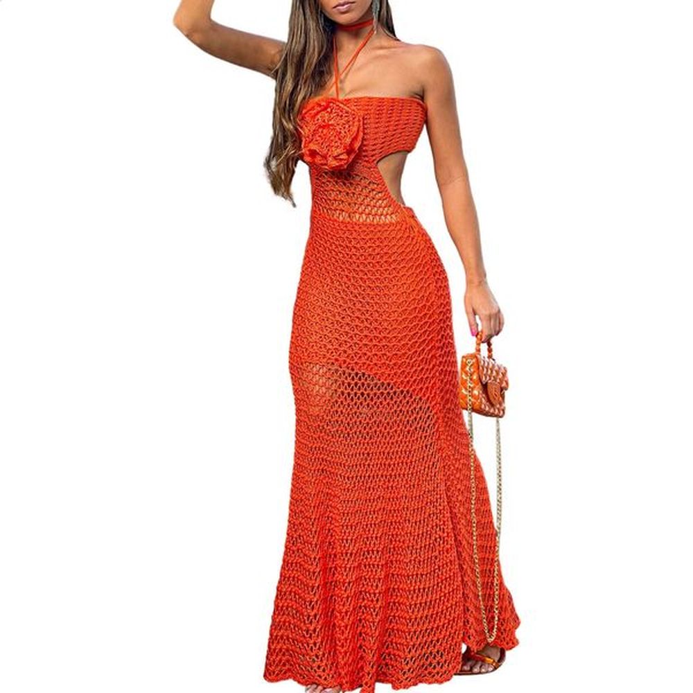 d flower halter crochet knit long dress sleeveless hollowed cutout