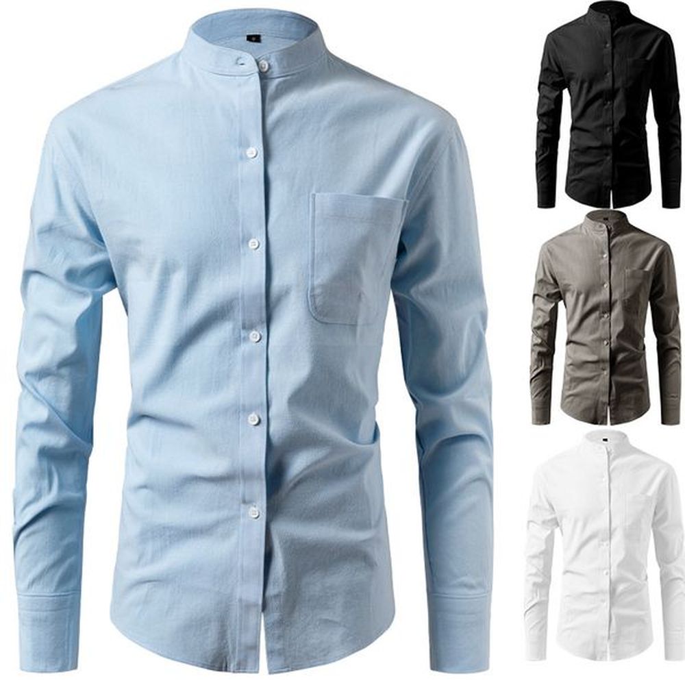 D195 New Stand Collar Shirt Amazon Long Sleeve Cotton Men's Casual Imitation Linen Shirt Men's Trend