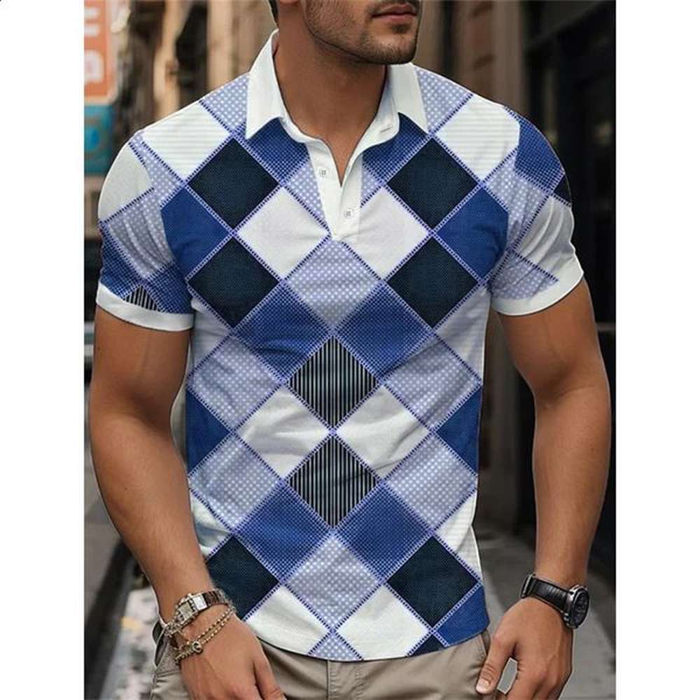 3D Print Striped Block Polo Shirt For Men Funny Plaid Pattern TShirt Summer Casual Lapel Tops Loose Short Sleeve Tee Streetwear 241205