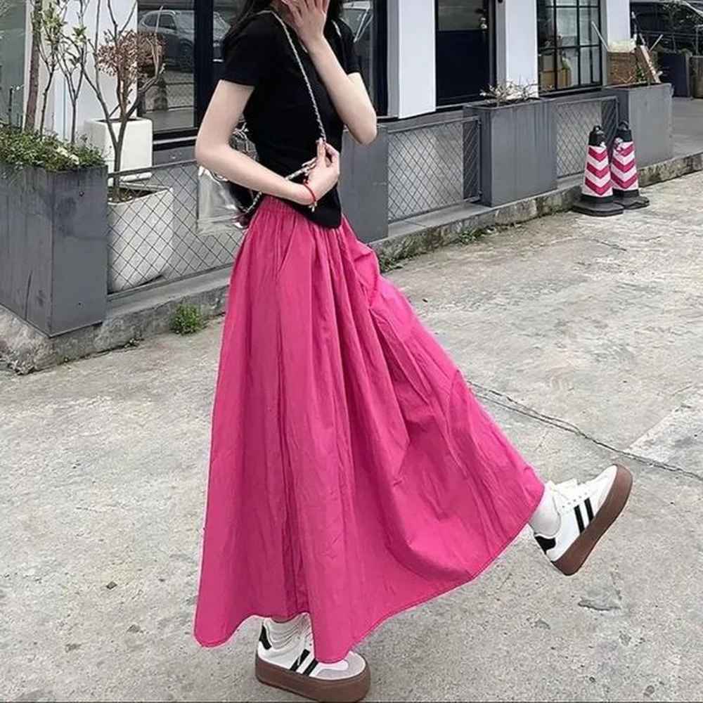 d womens summer apricot high waist pleated new long skirt