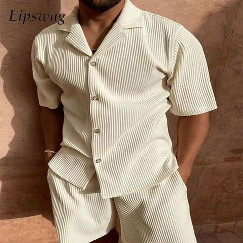 Daily Casual Mens Corduroy Outfits Solid Color Short Sleeve Ribbed Shirt And Shorts Two Piece Suits Men Streetwear Fashion Sets 250109