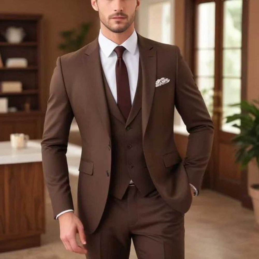Dark brown mens fashion single chest solid mens fashion business casual formal wedding party evening gown 3-piece set W241123