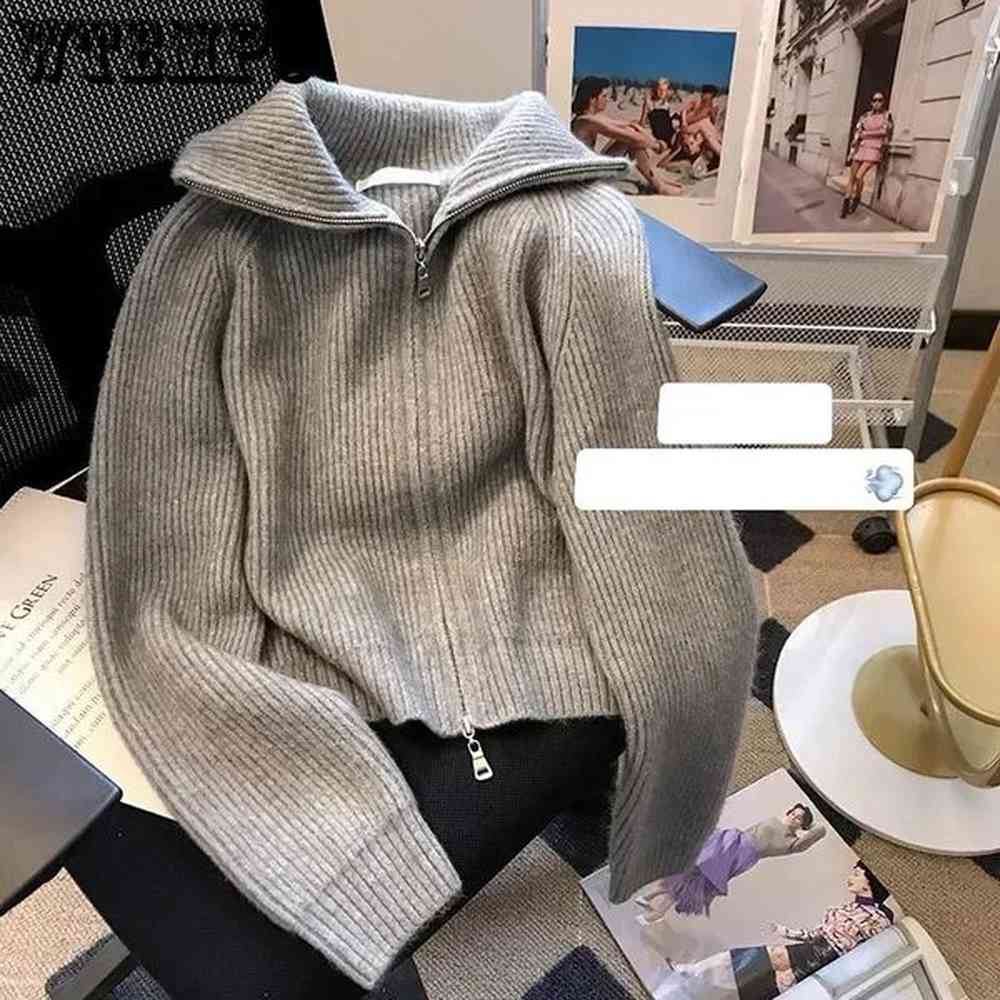 dark grey knit cardigan double end zipper short top turndown