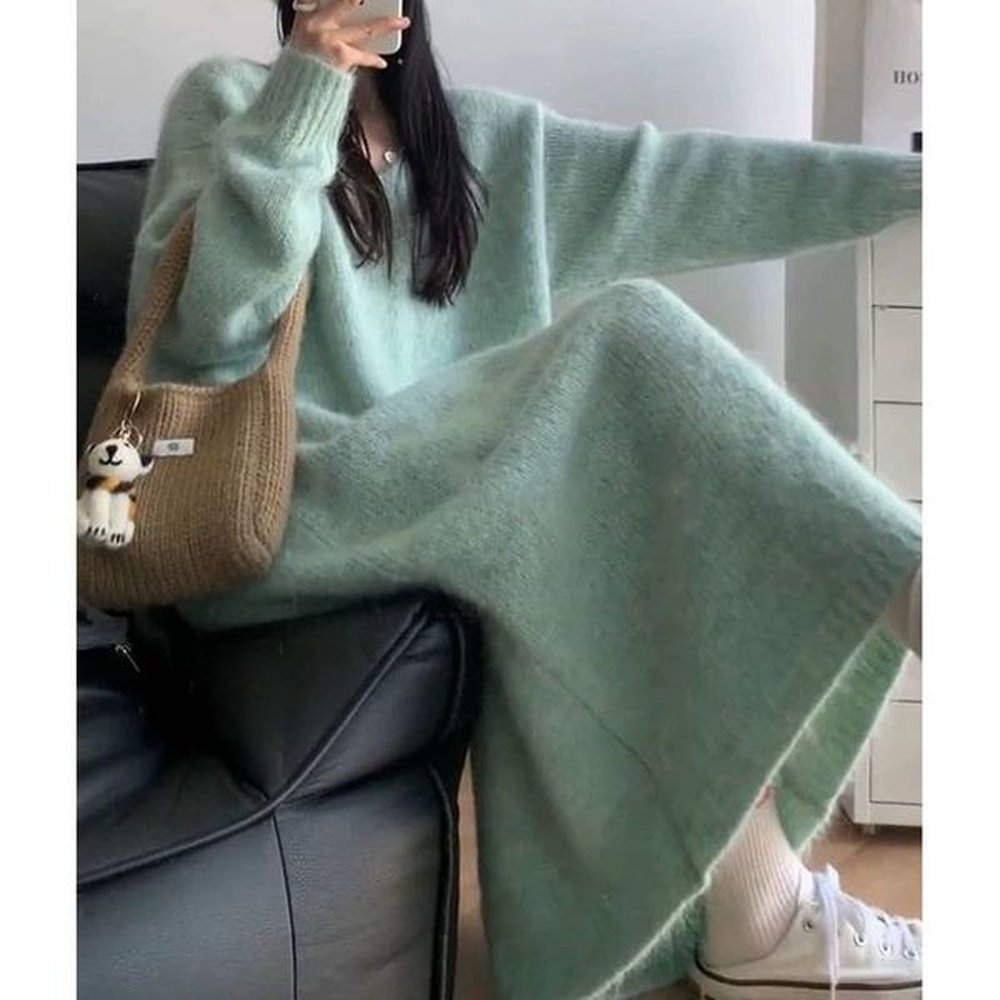 db mint green lazy style loose vneck knitted sweater dress