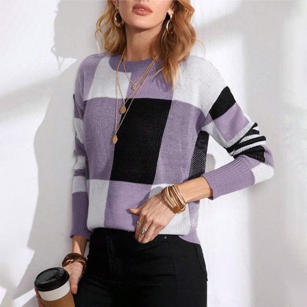 ddmytoys checkered contrasting knitted sweater womens fashion pullover round neck