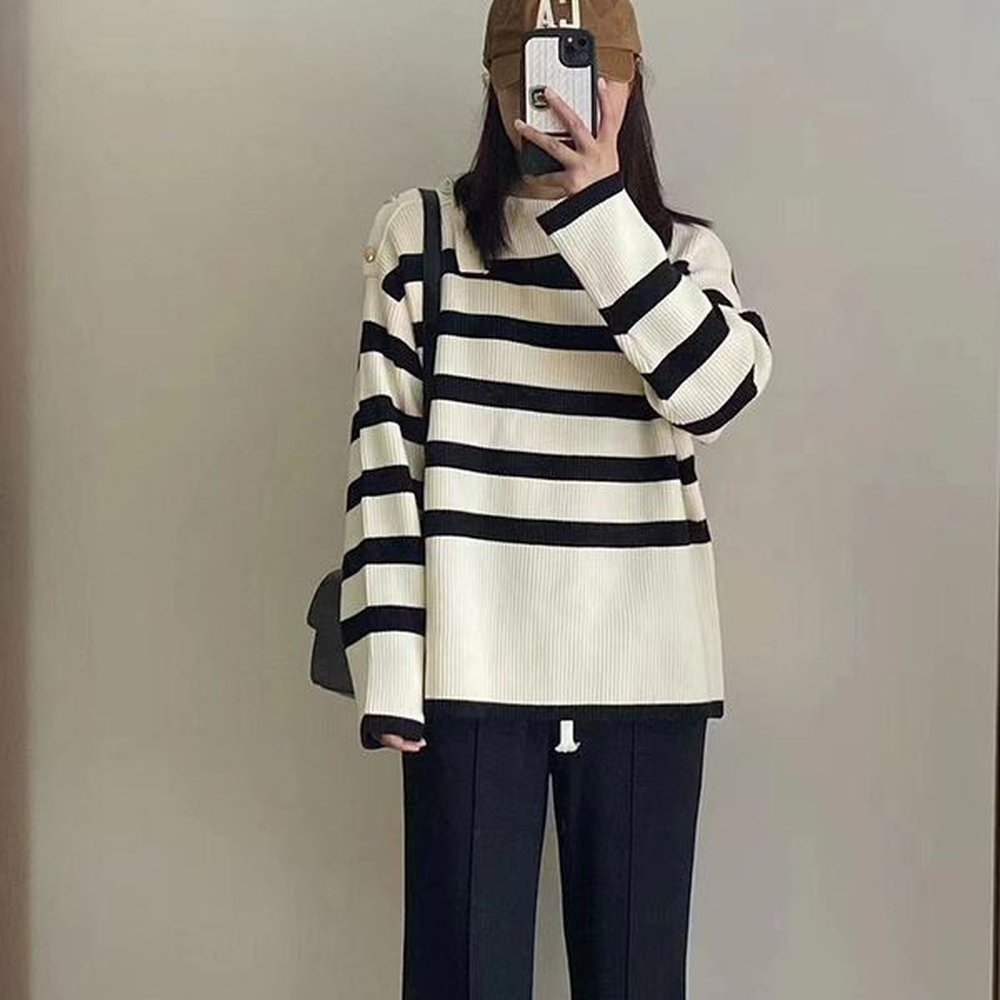 de french striped standup collar two wear double style lazy