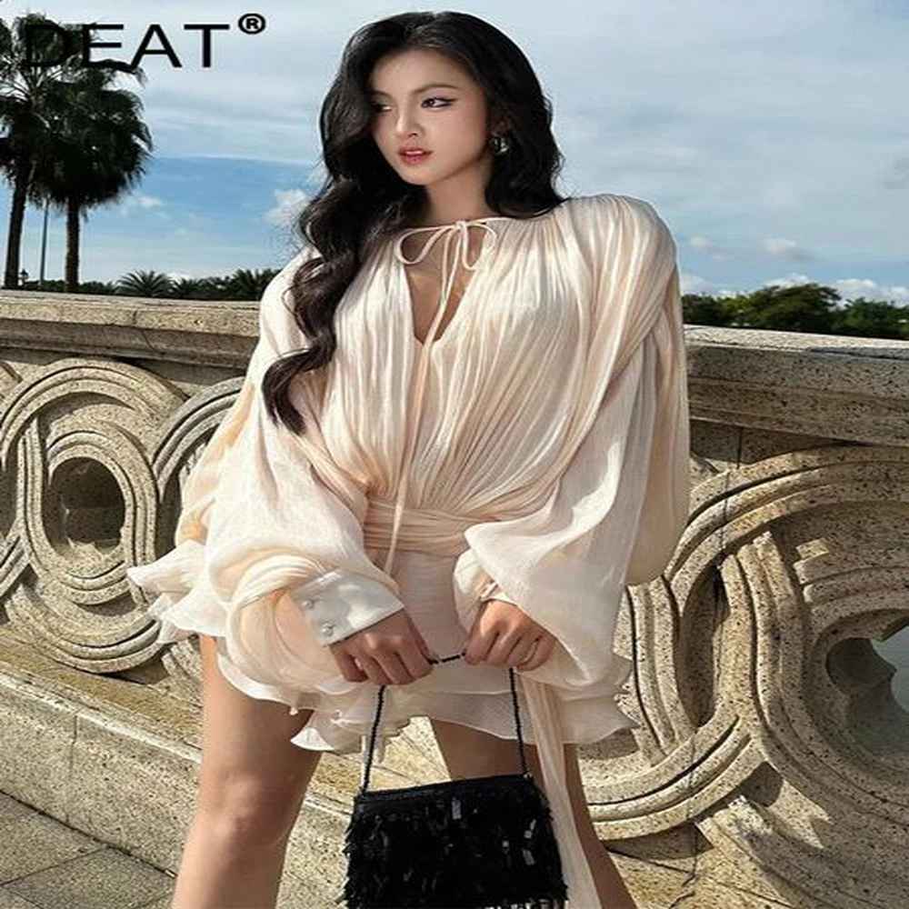 deat elegant dress vneck pleated laceup flounce lantern sleeve solid