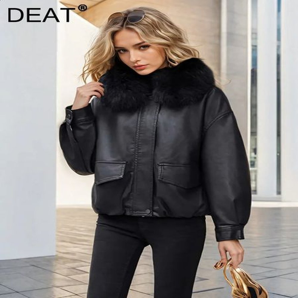 deat fashion pu leather jacket womens fur collar loose zipper