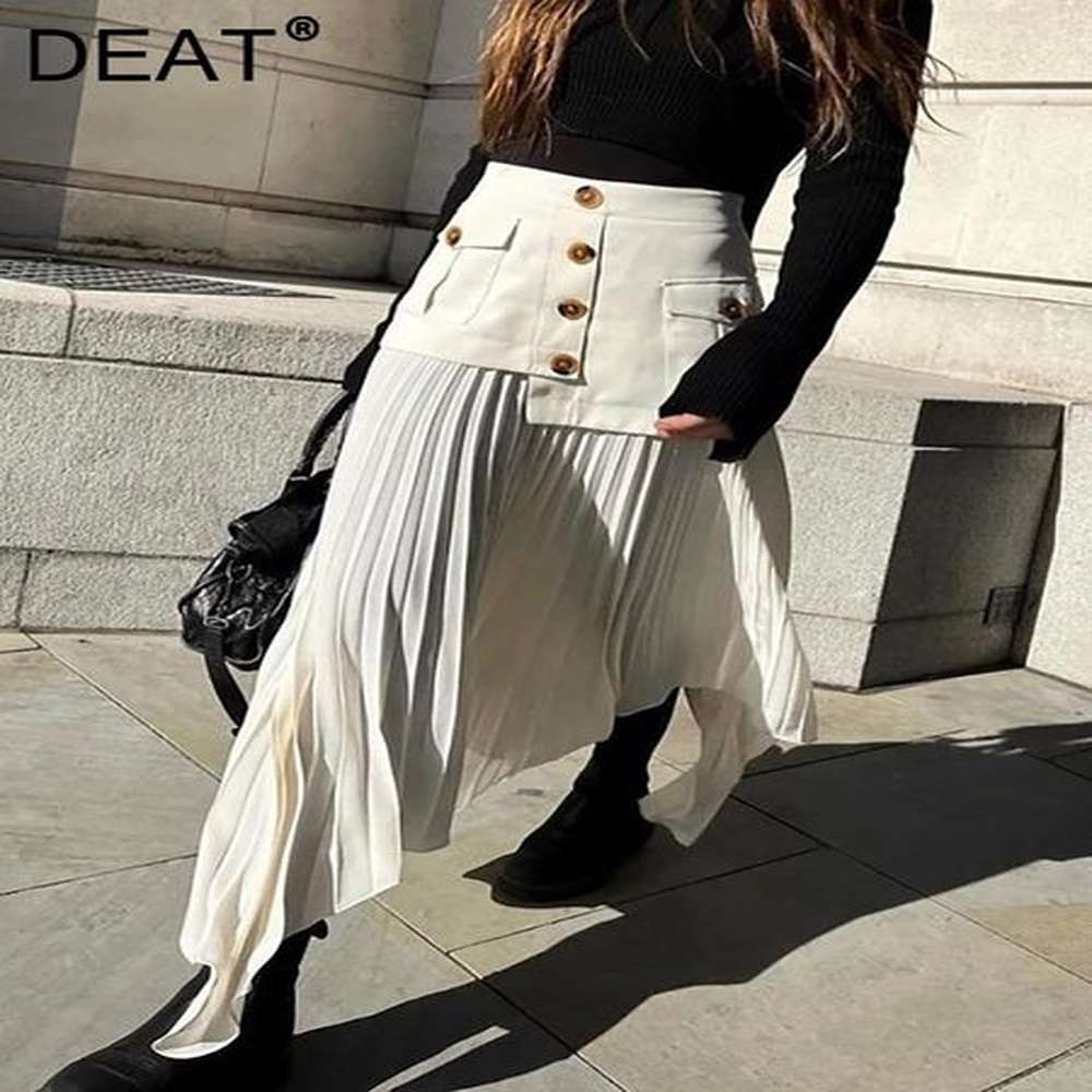 deat fashion womens skirt high waist spliced single breasted pleated