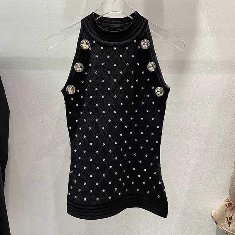 deat spring women arrival fashion round neck sleeveless beading decoration