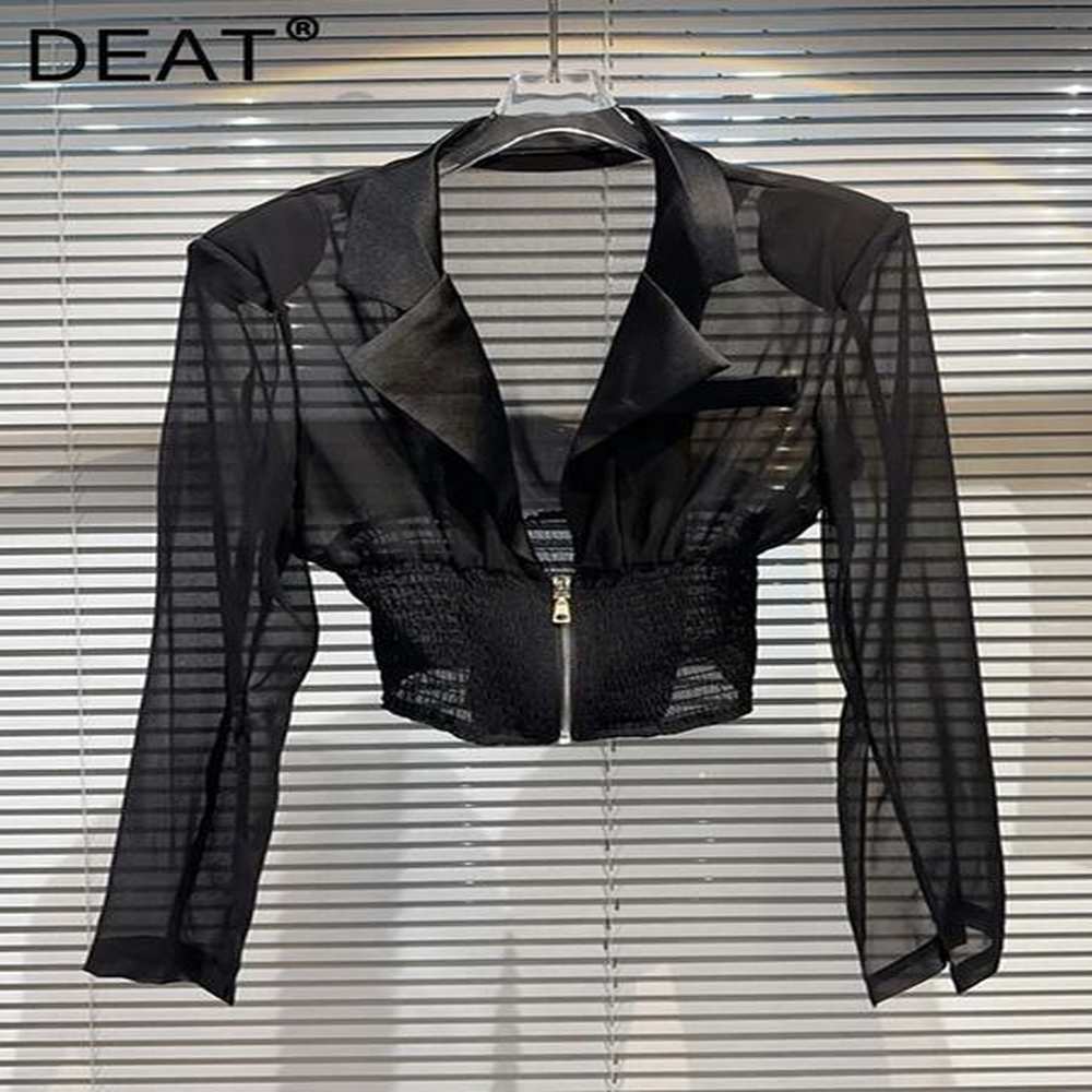 deat temperament perspective mesh jacket womens elastic slim waist causal