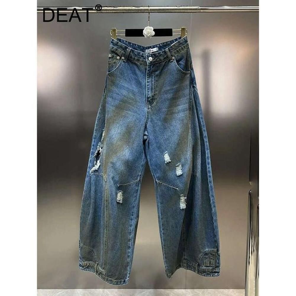 deat vintage trendy womens broken hole wide leg jeans