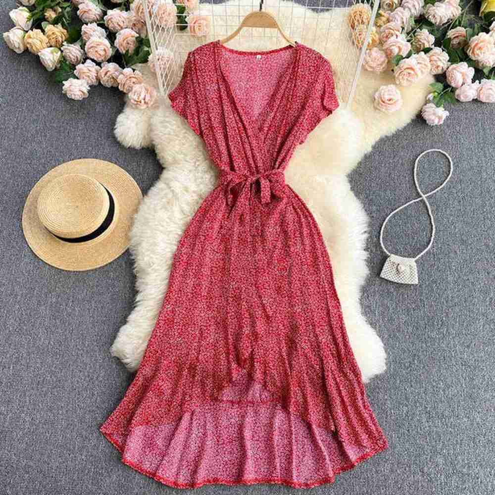 deat women printing belt asymmetricl dress vneck short sleeve arrivals