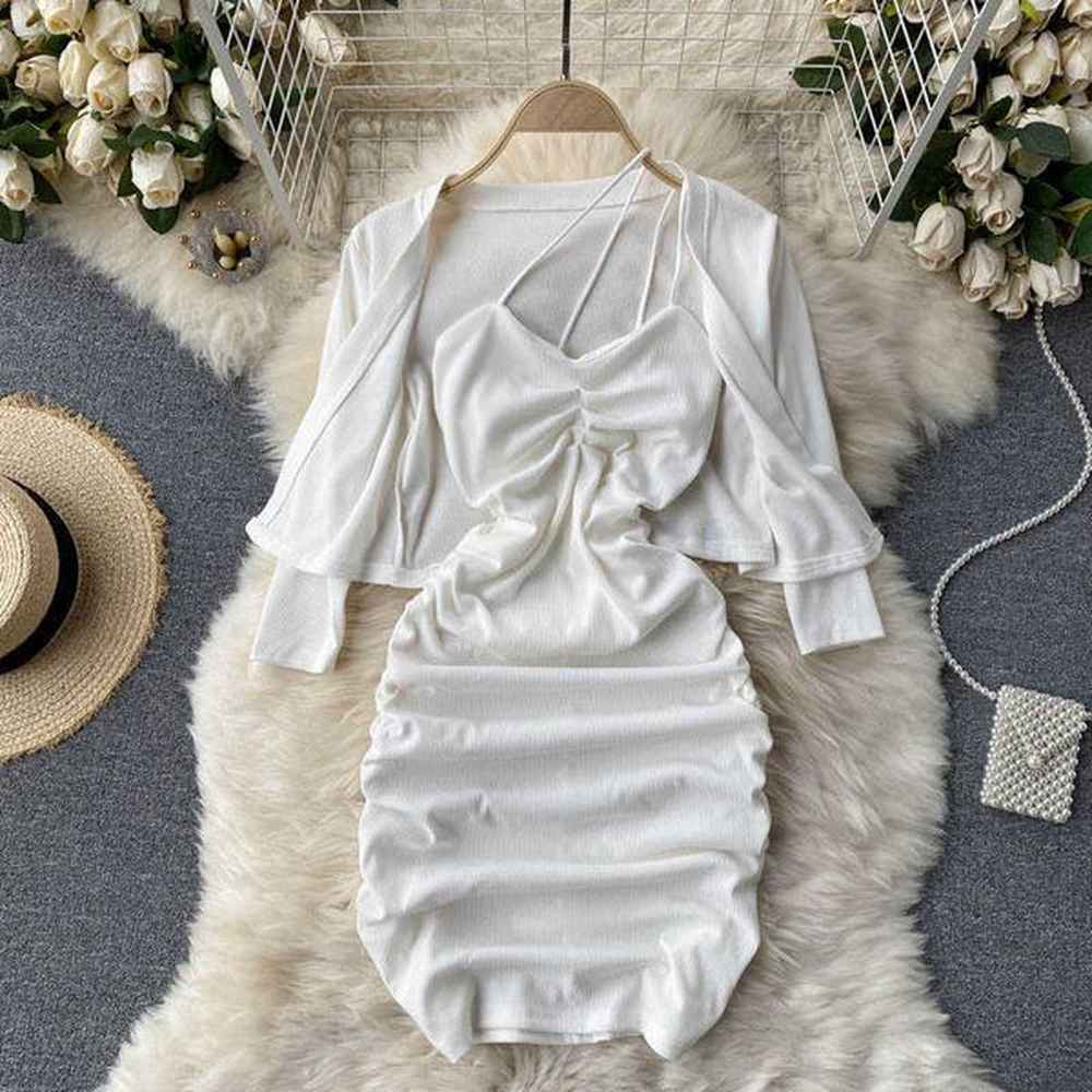 deat women two piece set elastic cardigan top pleated suspender