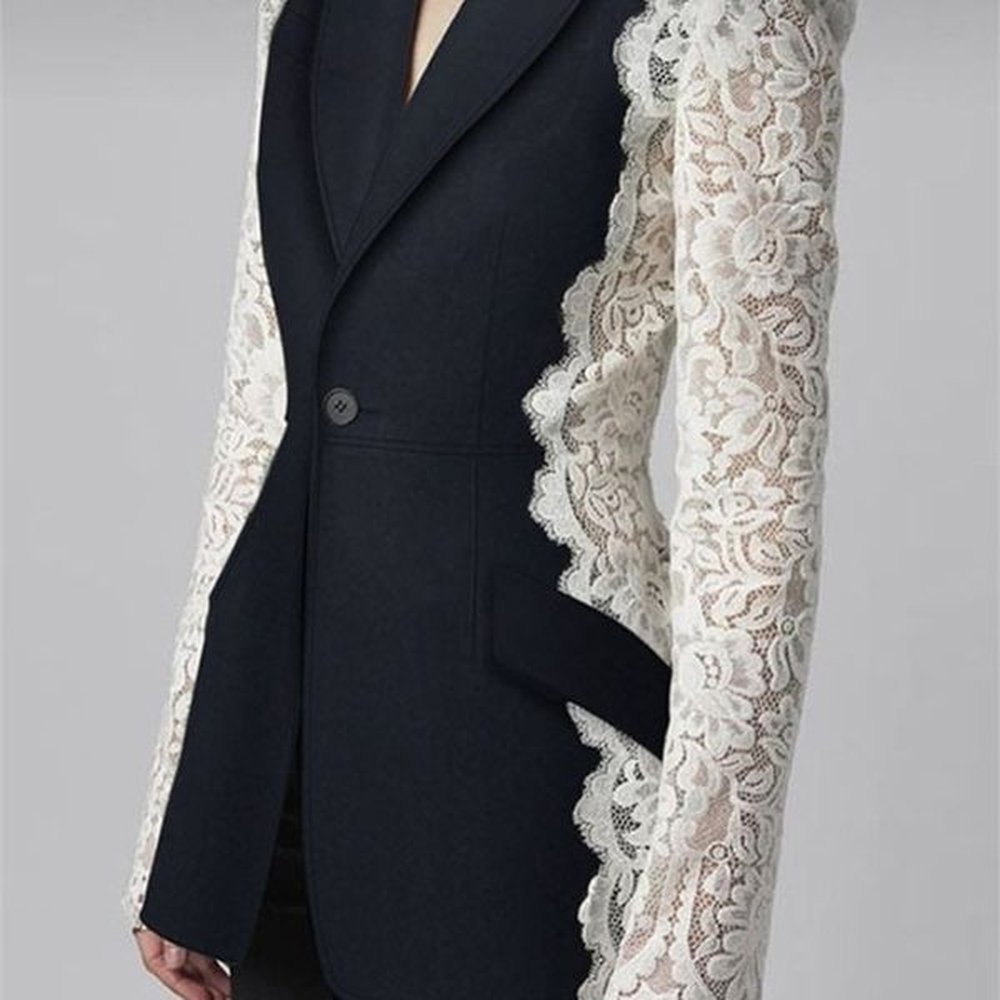 deat womens blazer fashion notched lace patchwork long sleeve contrast