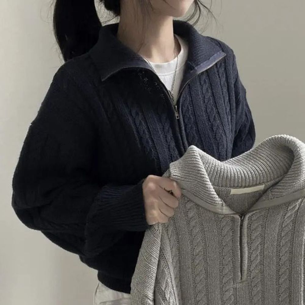 deep city korean fashion zipper sweater womens retro knitted short