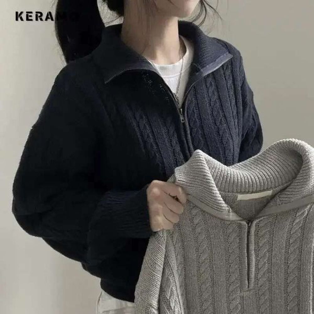 deeptown korean fashion half zipper sweaters women vintage twisted knitted