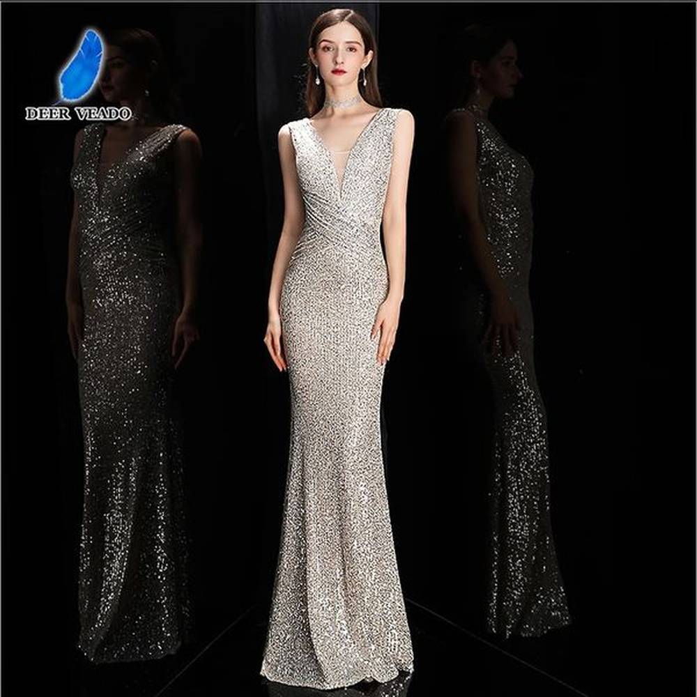 deerveado elegant v neck sequin evening dress long women mermaid