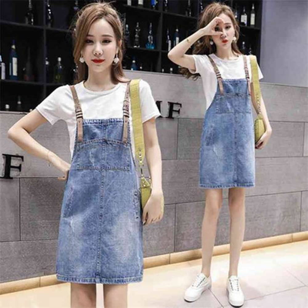 denim adjustable suspender dress korean aline short loose girl student