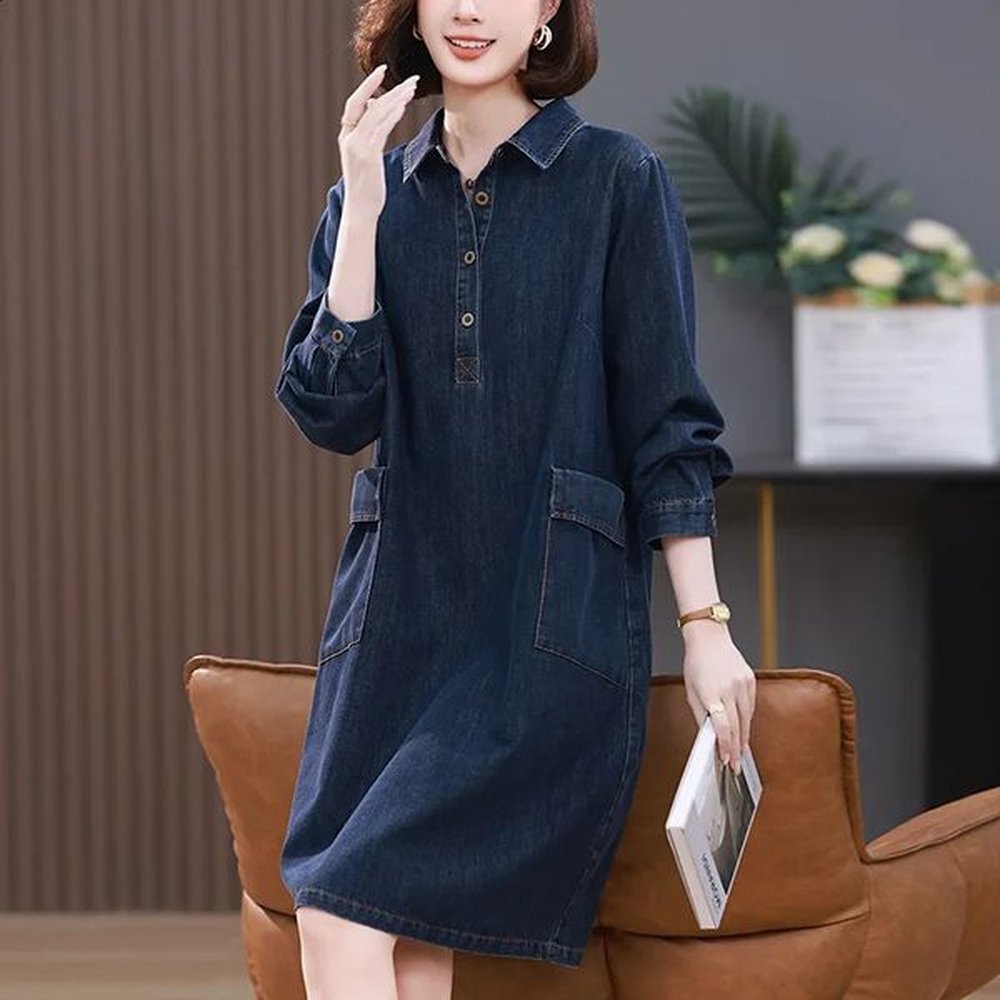 denim dress spring autumn style long sleeve mediumlength korean version