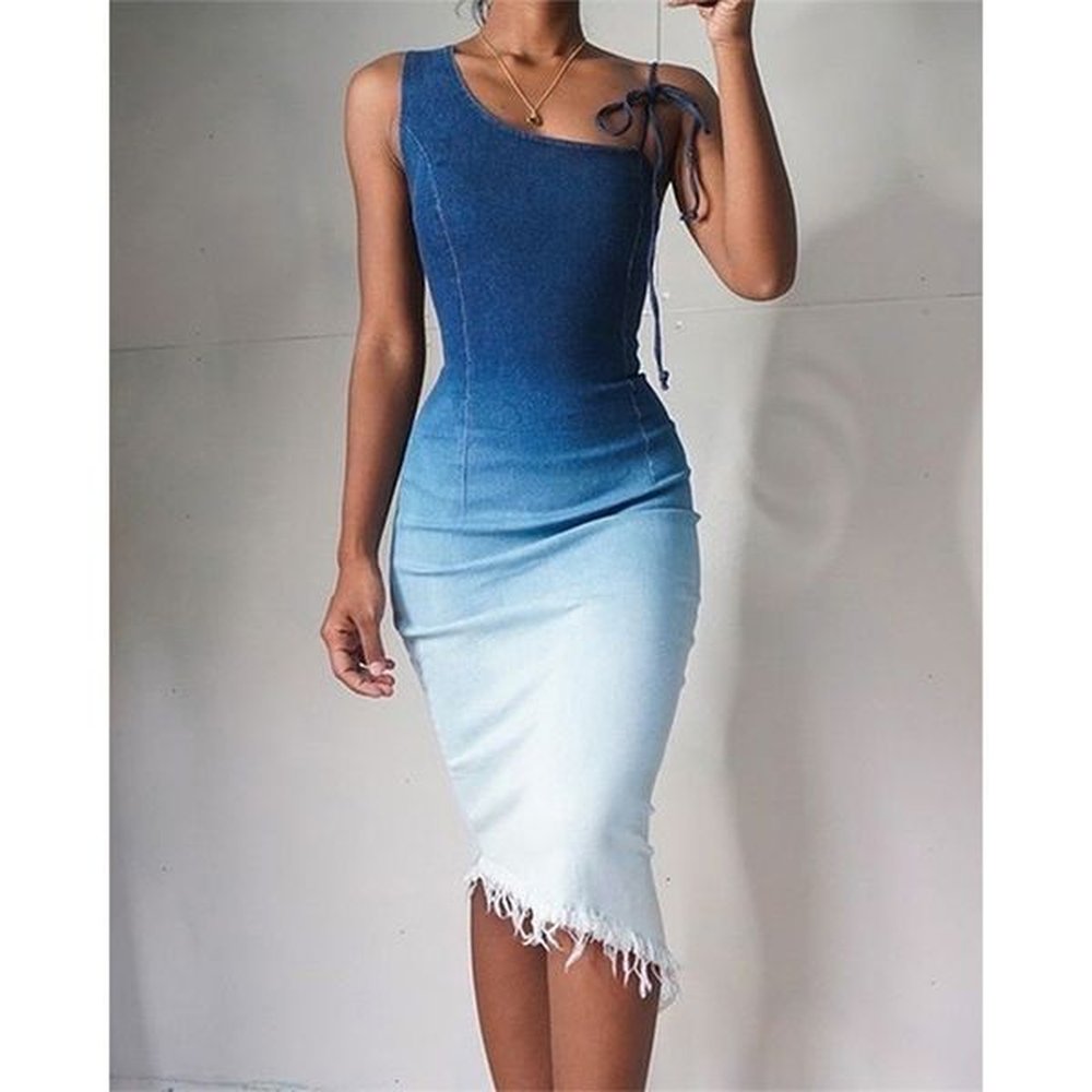 denim dress woman sexy fashion sleeveless slim bodycon midi jeans