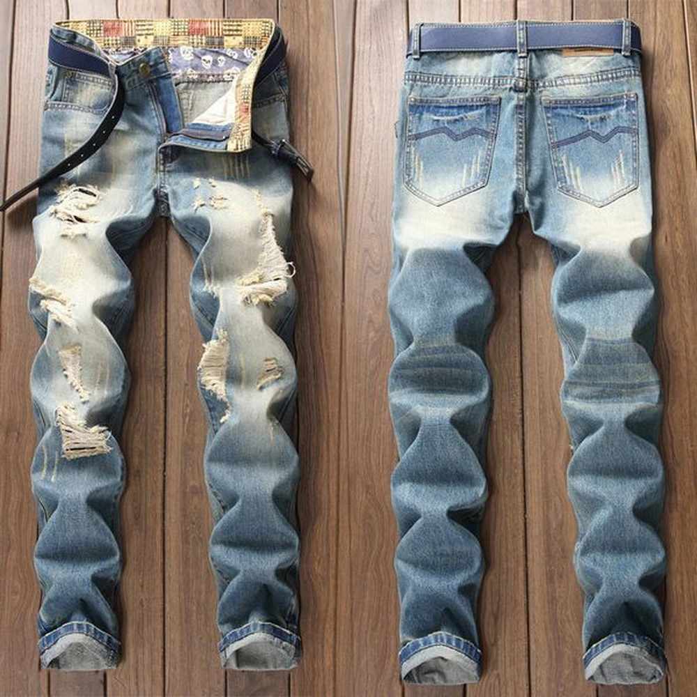 Denim Jeans Retro Straight Plus Size Casual Destroy n Mens Trendy Pants Hole Destroy Beggars Trousers Male 250116