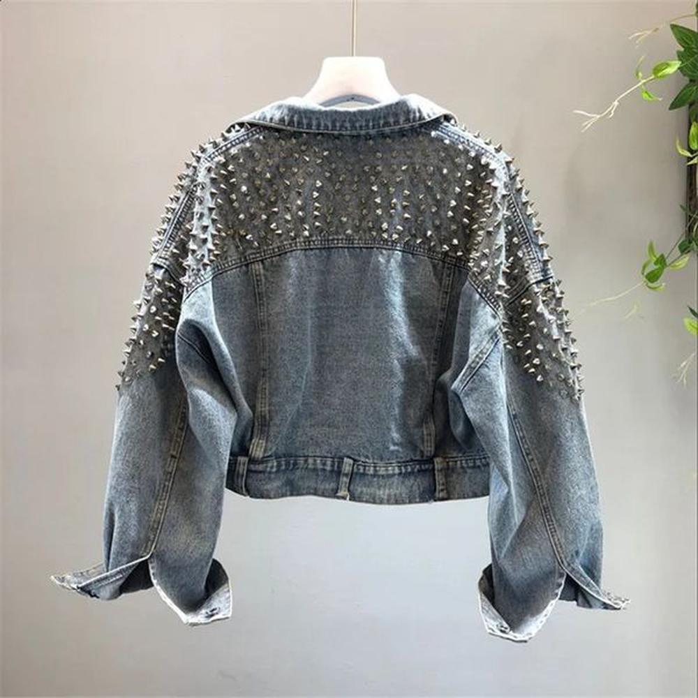 denim rivets womens loose short streetwear jacket with pockets