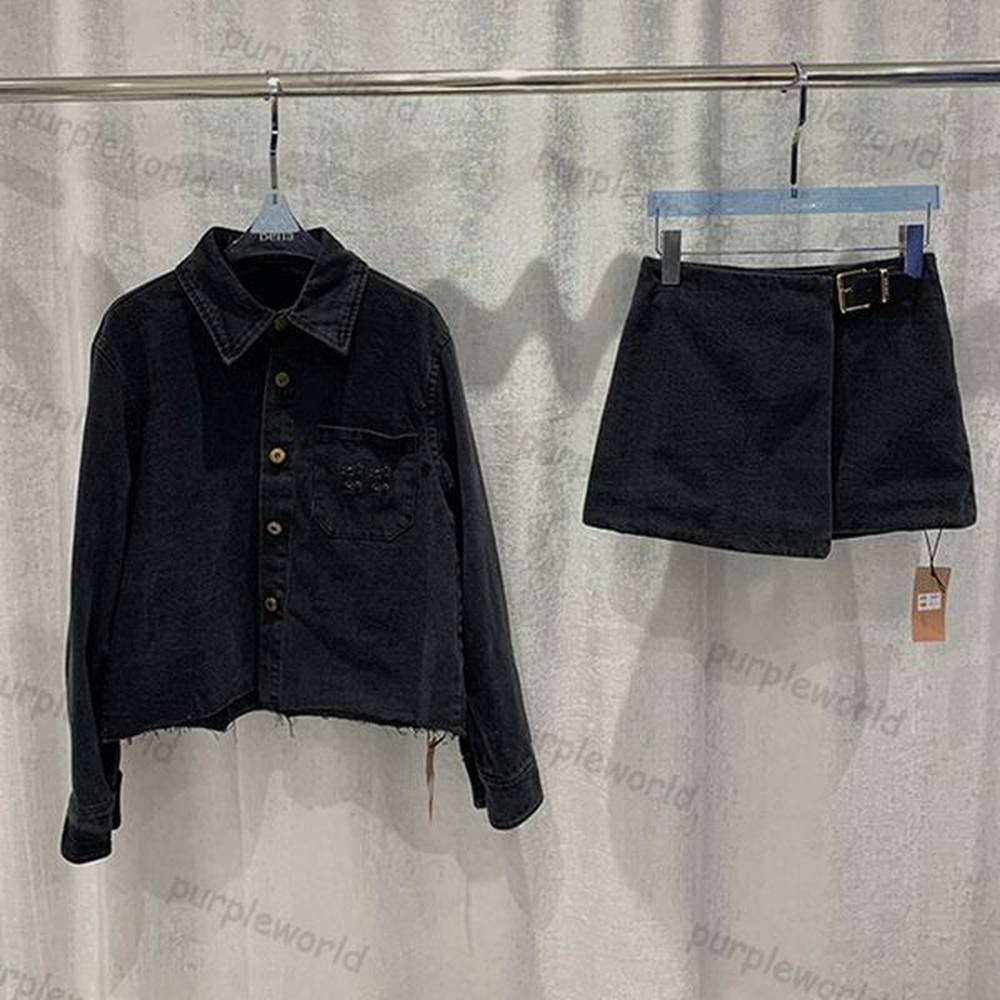 denim skirt women two piece long sleeved jacket leather buckle