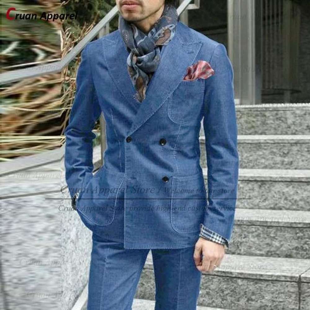 Denim Suits for Men Slim fit Tailormade Fashion Business Wedding Tuxedo Set Casual Winter Black Suit Jacket Pants 2 Pieces 250122
