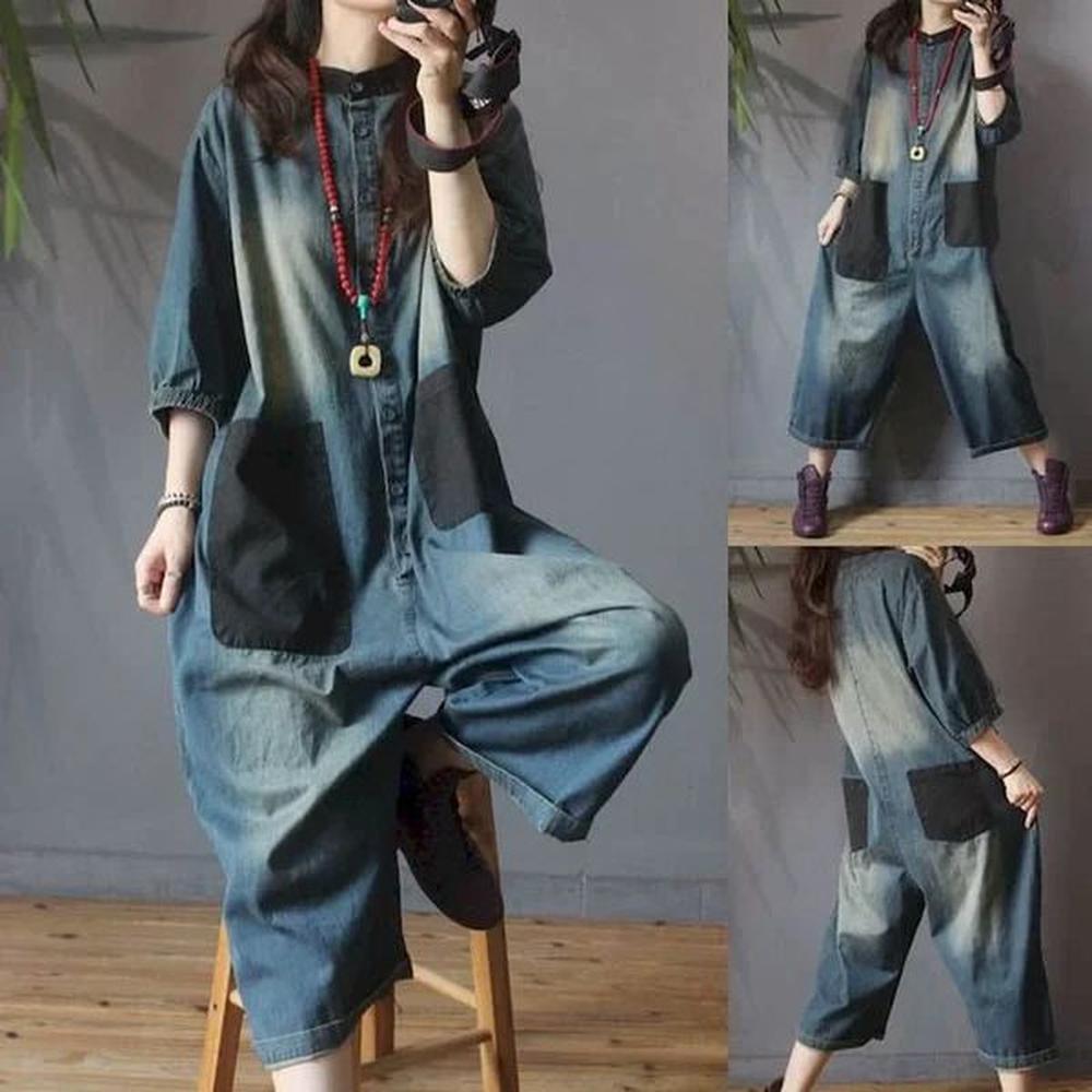 denim wide leg jumpsuit women vintage large size oversize patch