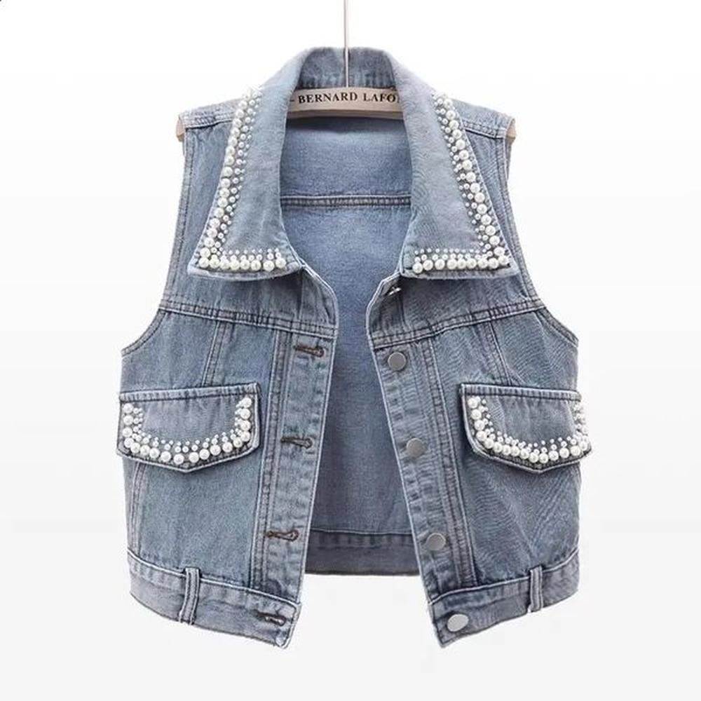 denim women short vest beading fashion spring jeans jacket sleeveless