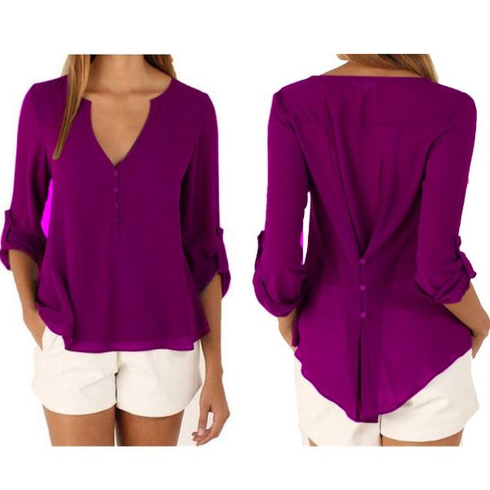 design woman button vneck simple black chiffon shirt autumn long.jpeg