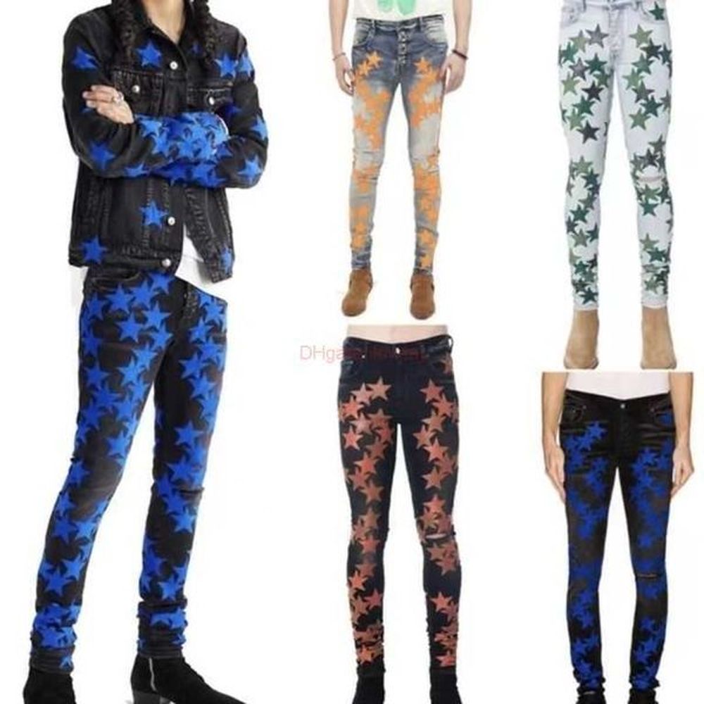 Designer Clothing Amires Jeans Denim Pants Amies High Street Fashion Brand Fashion Blue Fivepointed Star Embroidery Patch Hole Slim Fit Casu