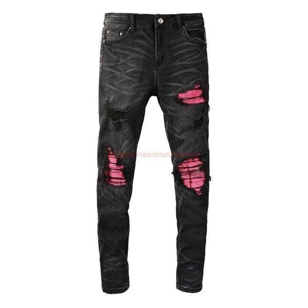 Designer Clothing Amires Jeans Denim Pants 8806 Fashion Amies Fashion Brand Black Hole Red Patch Slim Fit Small Feet Mens Jeans High Street