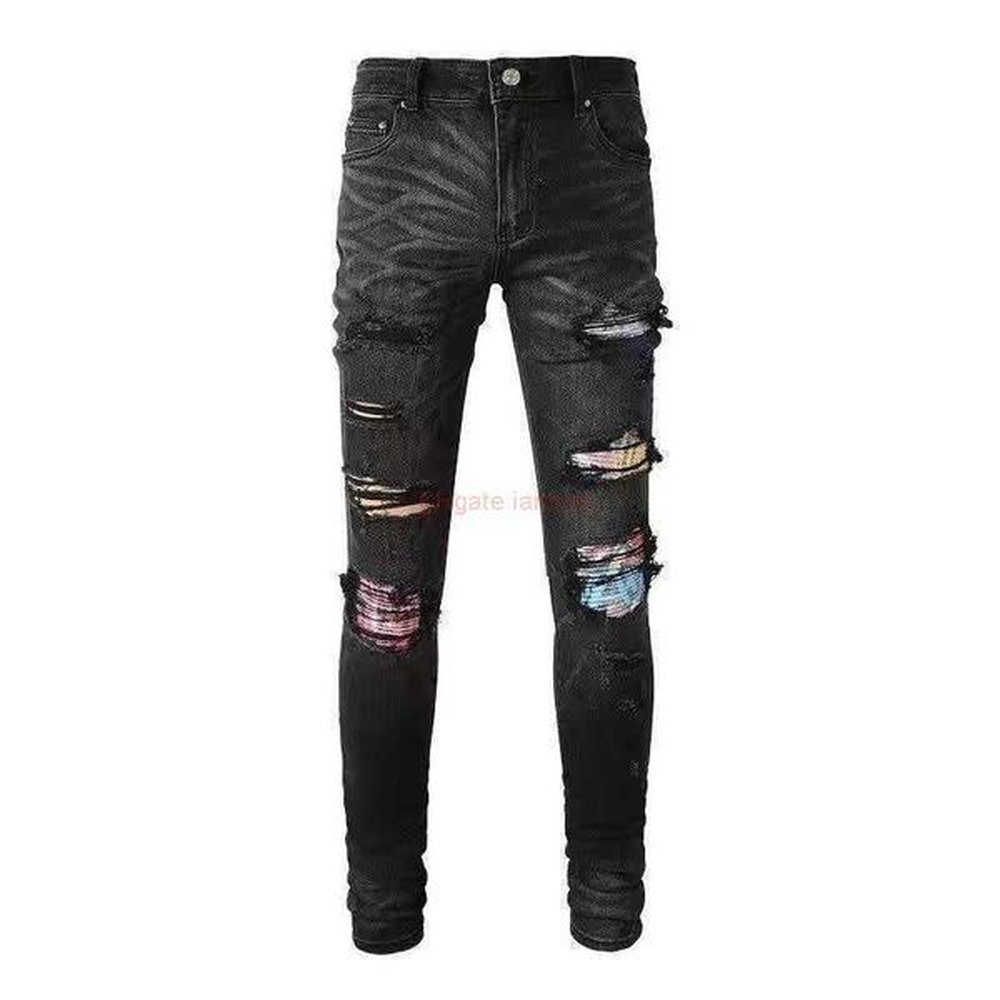 Designer Clothing Amires Jeans Denim Pants 8638 Fashion Brand Amies Made Old Holes Contrast Color Stickers Slim Fit Small Foot Stretch Mens