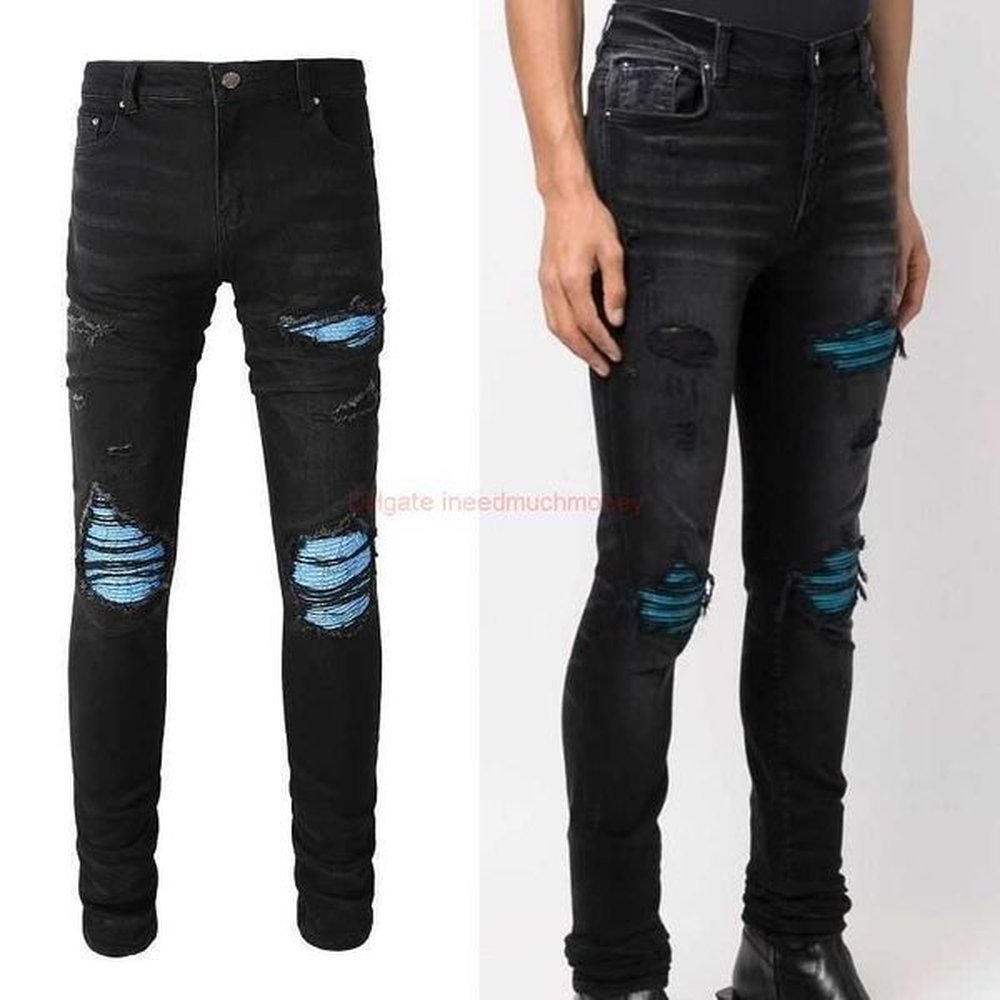 Designer Clothing Amires Jeans Denim Pants 8807 New Amies Fashion Brand High Street Distressed Blue Patch Small Foot Jeans Mens Elastic Slim