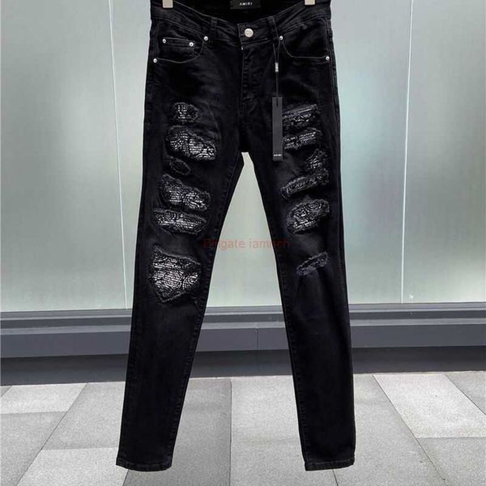 Designer Clothing Amires Jeans Denim Pants 852 Trendy High Street Amies New Big Hole Cashew Flower Black Jeans for Men Young Men Slim Fittin
