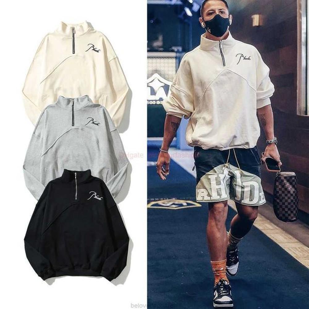 Designer Clothing Mens Sweatshirts Hoodies Rhude Autumn Winter American High Street Stand Collar Semi Zipper Embroidery Stitching Mens Women