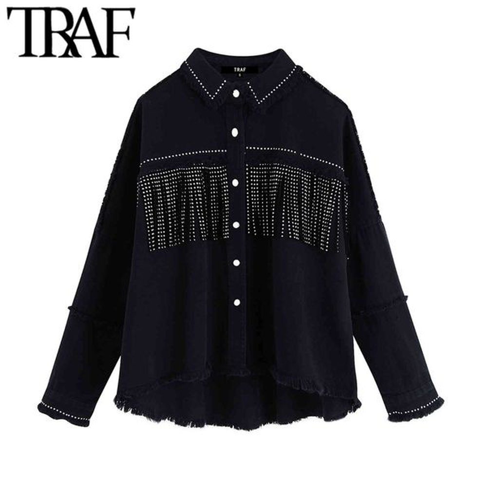 designer coat traf women stylish tassel beaded oversized denim jacket