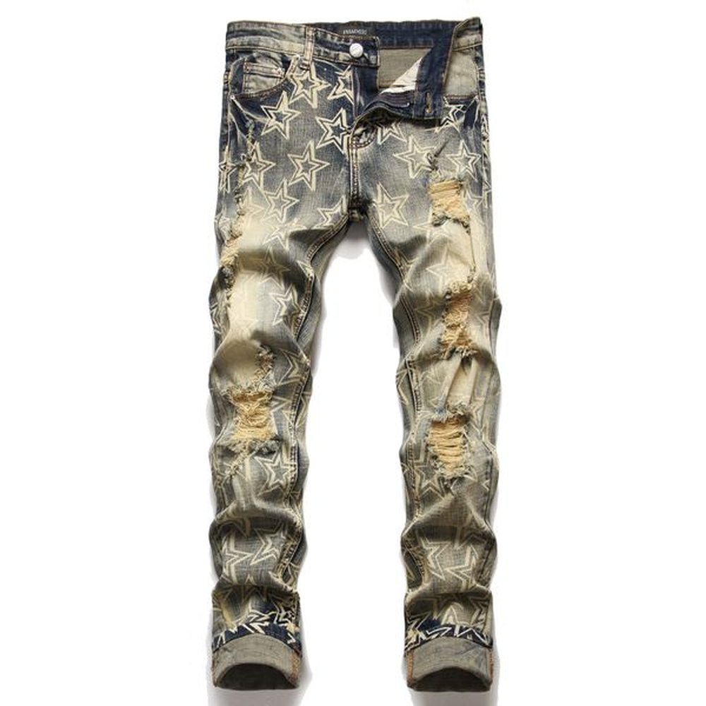 Designer European Men's Jeans Men's Embroidery Splicing Hole Trend Brand Biker Pants Men's Skinny Pants