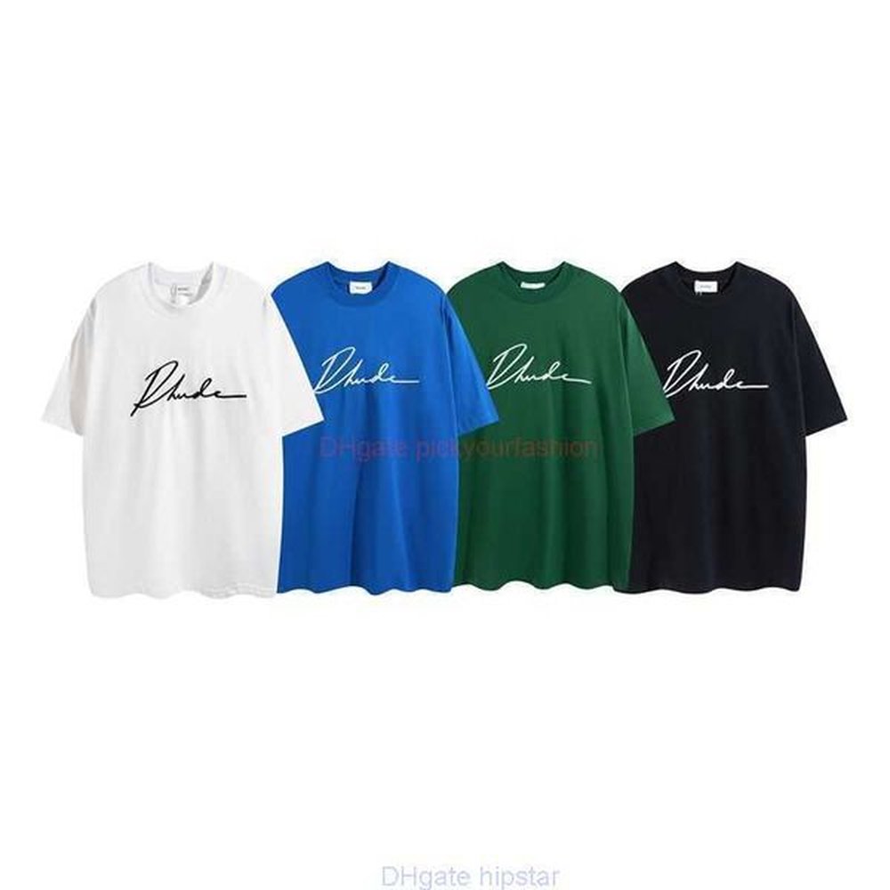 Designer Fashion Clothing Tees Tshirt 2023 New Rhude Embroidered Round Neck Tshirt Pure Cotton Couple Loose Summer High Street Fashion Brand