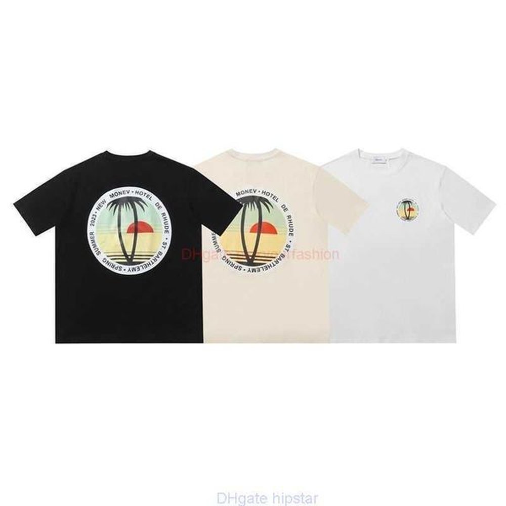 Designer Fashion Clothing Tees Tshirt Rhude Sunset Coconut Tree Letter Printing Summer New Trend Small Style Casual Loose Round Neck Mens Wo