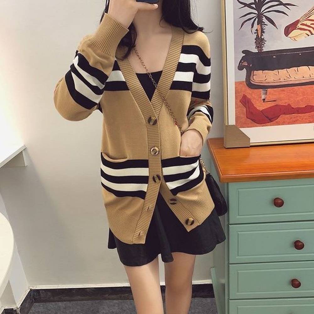 designer high version womens knits striped cardigan midlength color matching