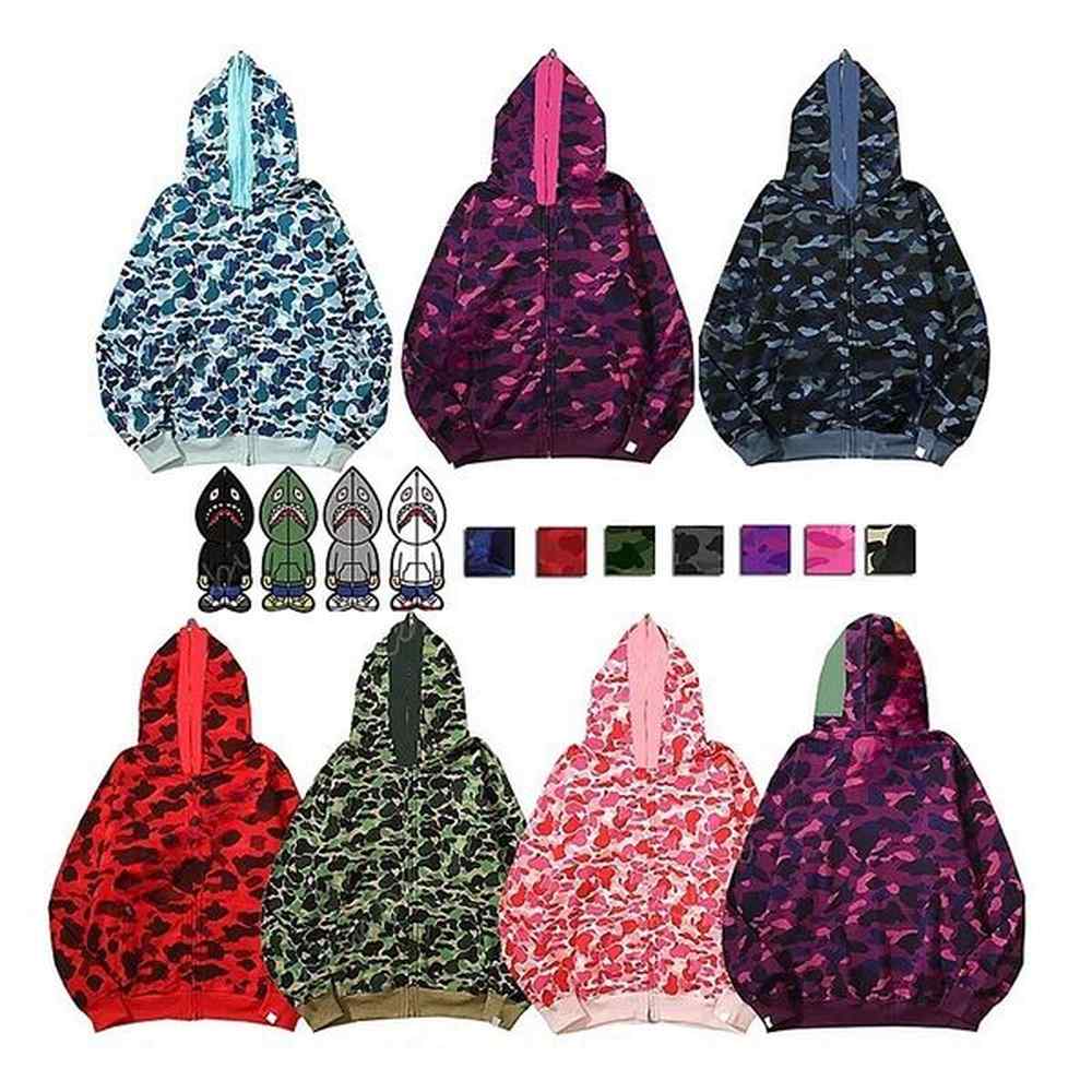 Designer Hoodie Men's Full Zip Up Shark Hoodies for Women Black Camouflage Jacket Blue Hoody Hooded Sweatshirt Mens Womens Sweater Long