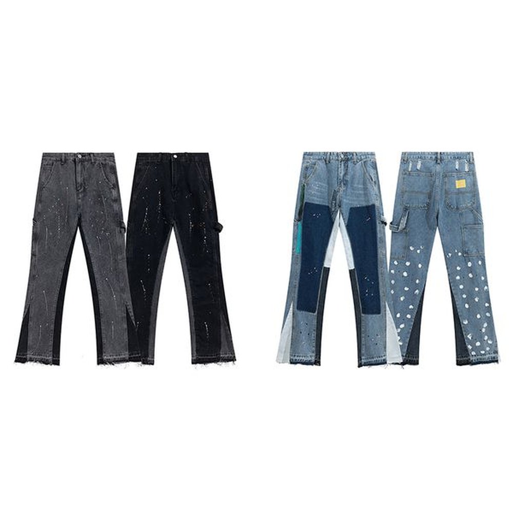 Designer Men's Jeans High Street Vintage Splashed Ink Stretch Straight Jeans Hip Hop Spliced Washed Flared Jeans