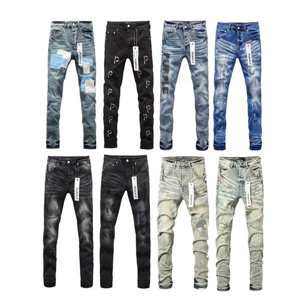 Designer Mens Jeans Purple Jeans Trousers Knee Skinny Hole Denim Straight Motorcycle Trendy Long Straight MensJean Men Women Hole High Stree