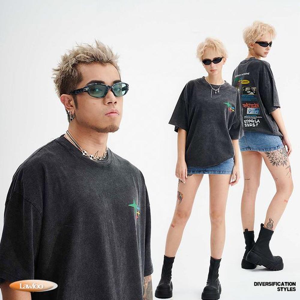 Designer Men's T-Shirts LawFoo Spring/Summer American Retro Washed and Worn Out Large Print Drop Loose Couple T-shirt Trendy Short Slee
